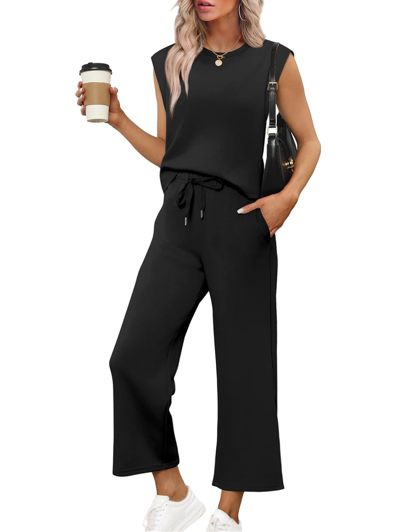 SAMPEEL Two Piece Sets for Women Casual Travel Vacation Outfits Summer Wide Leg Crop Pants Lounge Sets L