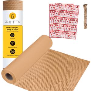 Honeycomb Packing Paper for Moving -12 In x 65 Ft, Shock Proof Brown Wrapping Paper Roll for Shipping With 20 Fragile Stickers & 100Ft Jute Twine -Sustainable & Recyclable Moving Bubble Packing Roll