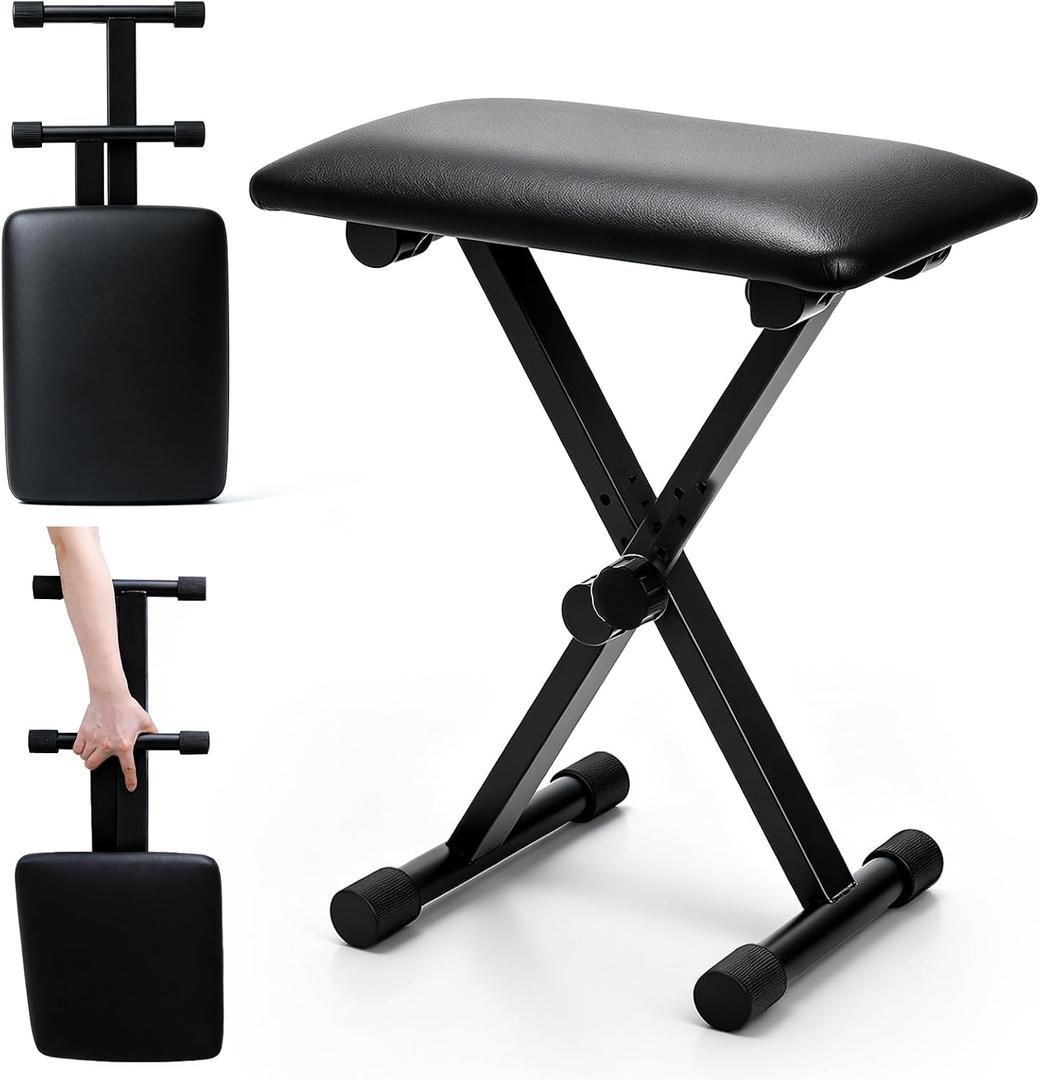 Keyboard Bench X-Style Padded Cushion, 13-18 in Height Adjustable Piano Stool, Collapsible Portable Keyboard Chair Seat with 1.5" Soft Cushion, 4-Position Height, for Piano Guitar, Black, 15.3 x 11 x 18 inches
