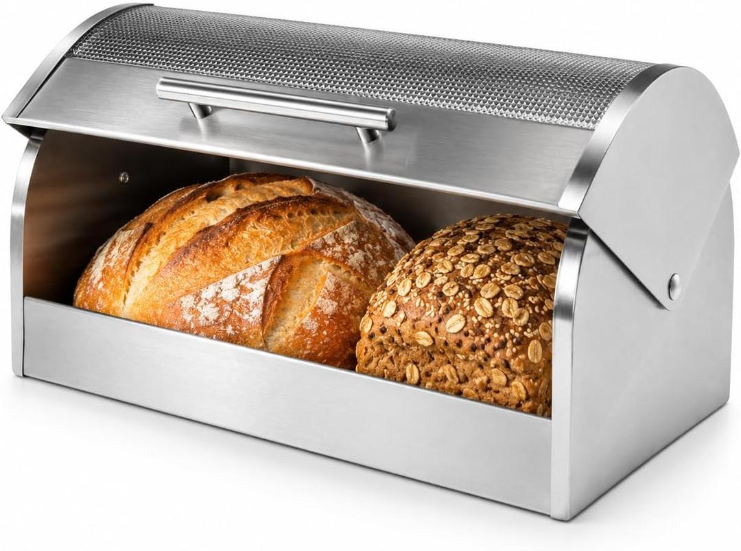 Oggi Stainless Steel Roll Top Bread Box for Kitchen Countertop with Tempered Glass Lid - Fits Multiple Large Loaves of Bread and Other Freshly Baked Goods Including Cookies, Bagels, Muffins, 15.25 x 8.25 x 8.25 inches