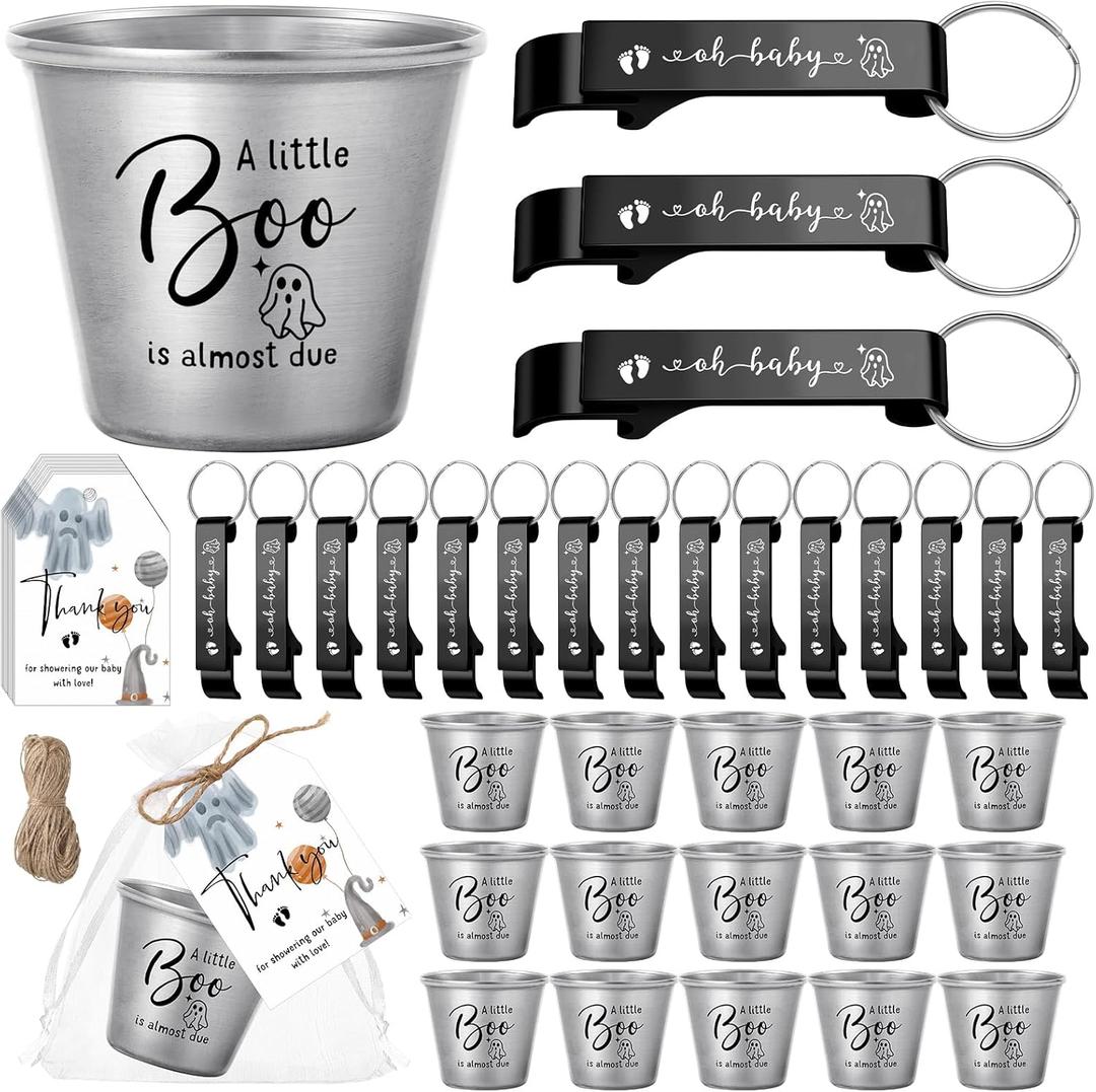 Vesici 50 Sets Baby Shower Favors 1.5 oz Stainless Steel Shot Glasses Cute Bottle Opener Keychains Thank You Tags Bags Thanksgiving/Fall/Gender Reveal Party Return Gift Guest (Black)