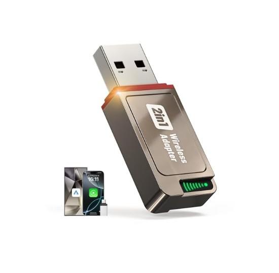 2-in-1 Wireless CarPlay Adapter Support Apple CarPlay & Android Auto, Mini Bluetooth USB A & USB C Dongle Convert Wired to Wireless Compatible with iPhone & Android
