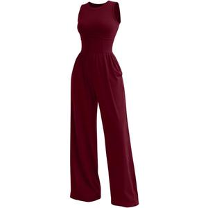 XXTAXN Women's Casual Sleeveless Round Neck Corset Waist Wide Leg Jumpsuit with Pockets - Comfy One-Piece Long Pants Winered (L)