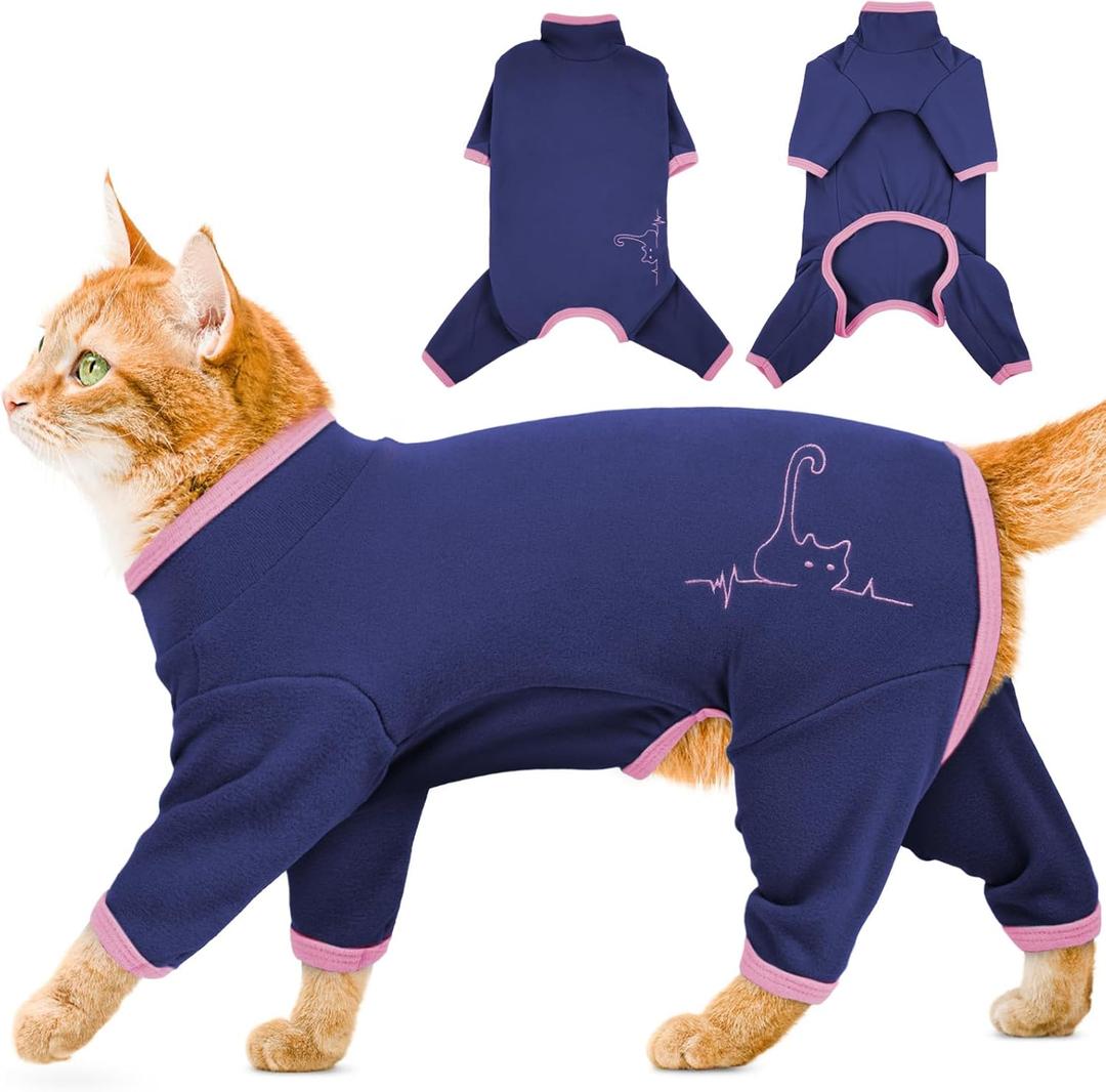 Cat Pajamas for Cats Only, Sticky Hair Cat Clothes, Sphynx Hairless Cats Sweater, Recovery Suit After Surgery, Prevent Lost Hair Kitten Onesie Shirts Costumes Outfits for Pet (Blue) XL