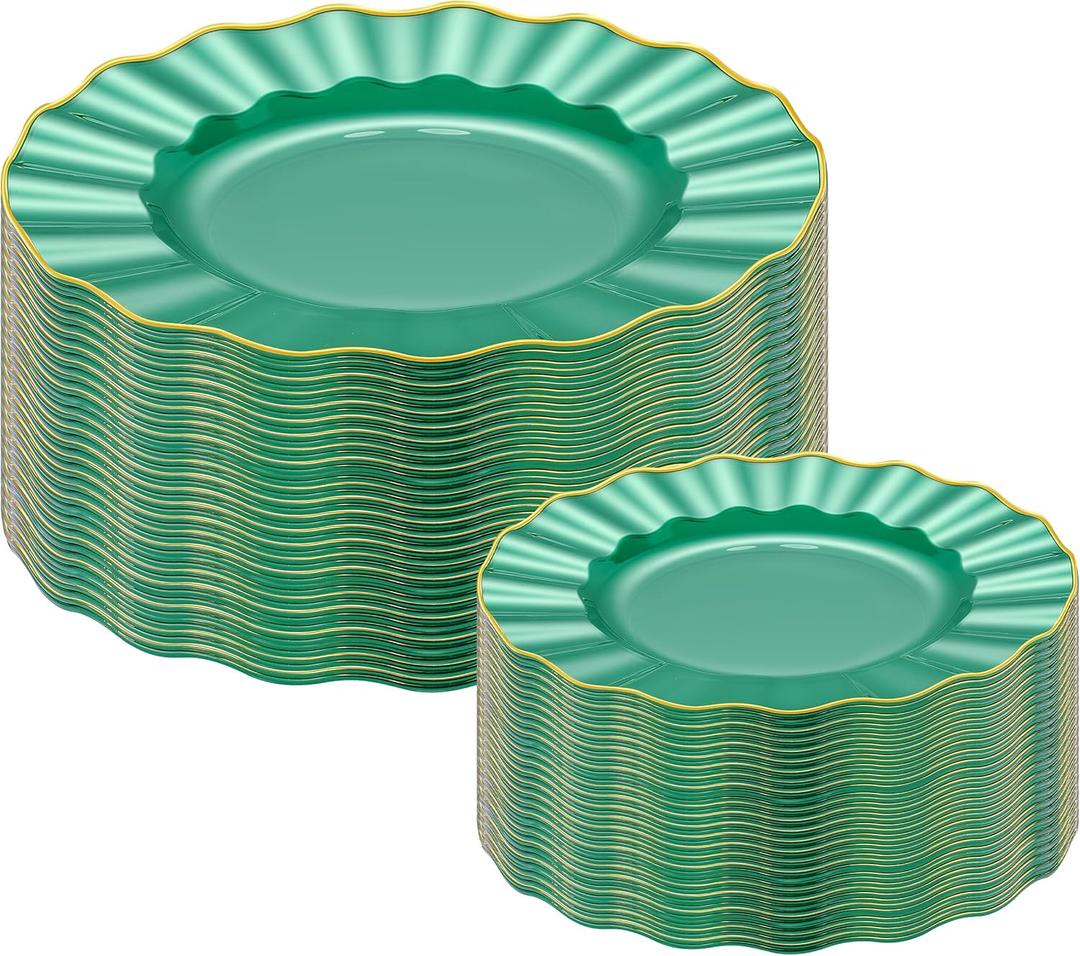 60pcs Green Plastic Plates with Gold Rim, Clear and Gold Plate, Green Diposable Plates Include 30 Dinner & 30 Dessert Plate for Party Wedding