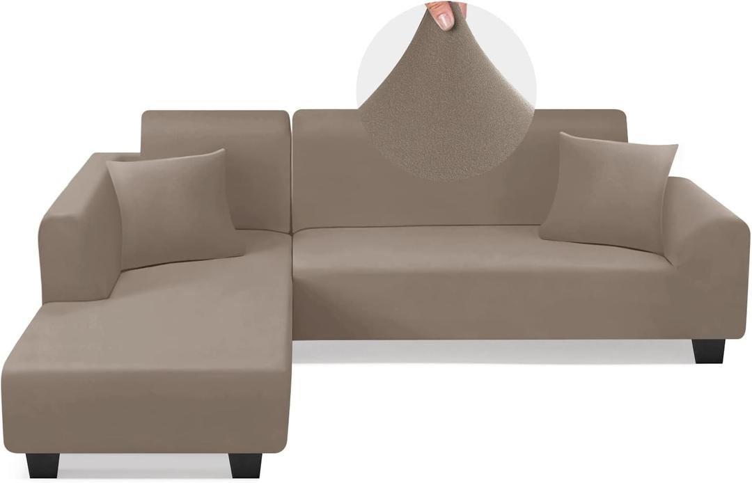 KinCam Sectional Couch Covers L Shape Sofa Covers Super Stretch 2pcs Sofa Slipcovers for 3 + 3 Seaters Sectional Chaise Slipcover with 2pcs Pillow Covers for Pets Kids, Taupe
