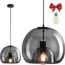 9.1in Large Smoke Glass Pendant Light for Kitchen Island, 1-Pack with Extra 1 LED Bulb & 4.92ft Adjustable Cord | Modern Minimalist Lighting for Dining Room, Living Room, Entryway