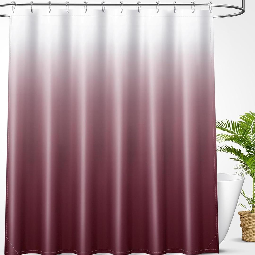 OLANLY Luxury Red and White Ombre Shower Curtain Sets with 12 Hooks, Waterproof and Washable Decorative Shower Curtains for Bathroom, 72x72 Inches