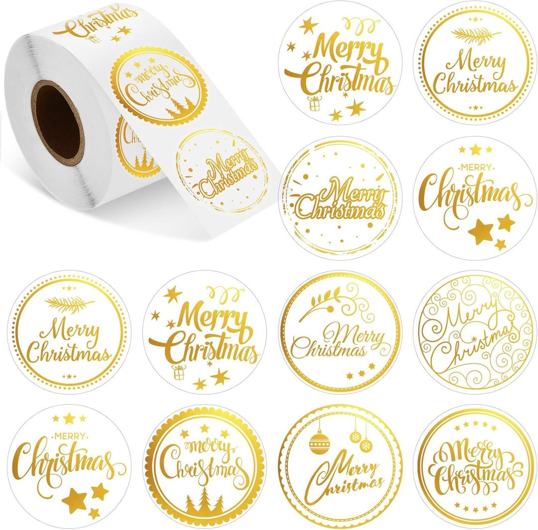 500 Pieces Outus Merry Christmas Stickers Labels Christmas Circle Label Envelope Seal Sticker 1.38In Adhesive Xmas Decor Supplies with Snowflake Elements for Envelope Bag(Transparent)