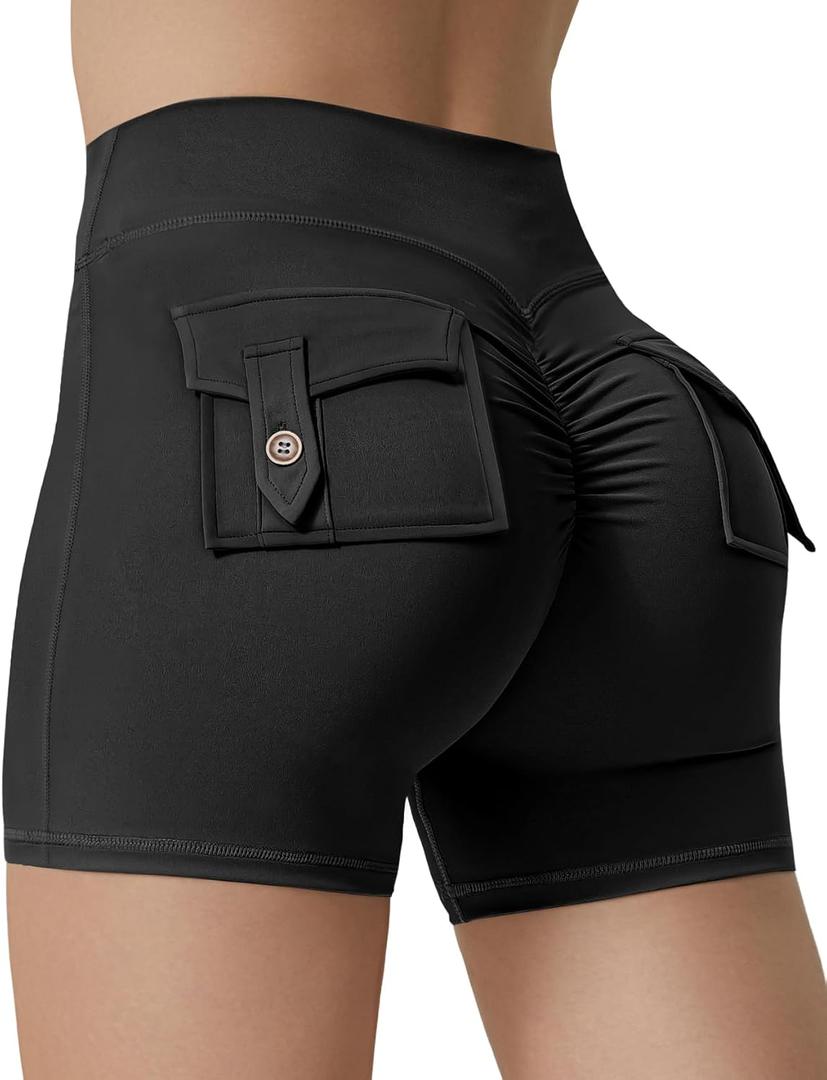 Gym Shorts Women with Pockets Scrunch Butt Biker Short for Women Workout High Waisted Yoga Booty Shorts, Black, Small