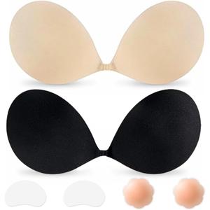 Strapless Sticky Bra Push up Invisible Stick on Bra Adhesive Bras for Women Backless Dress Reusable with Nipple Covers (Black)