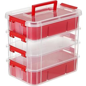 JUXYES 4-Tiers Stack Carry Storage Box With 2 Divided Tray, Transparent Stackable Storage Bin With Handle Lid Latching Storage Container for School & Office Supplies, Red
