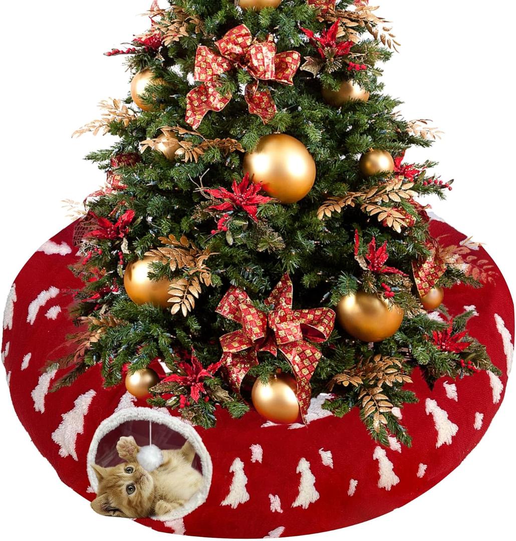 LUCKITTY Christmas Tree Print Cat Tunnel Bed Under Tree, Red Jacquard Fabric with Hanging Plush Ball, 10-Inch Diameter 3-Ft Wide Round Pet Tube - Soft & Cat-Safe Decor Shield