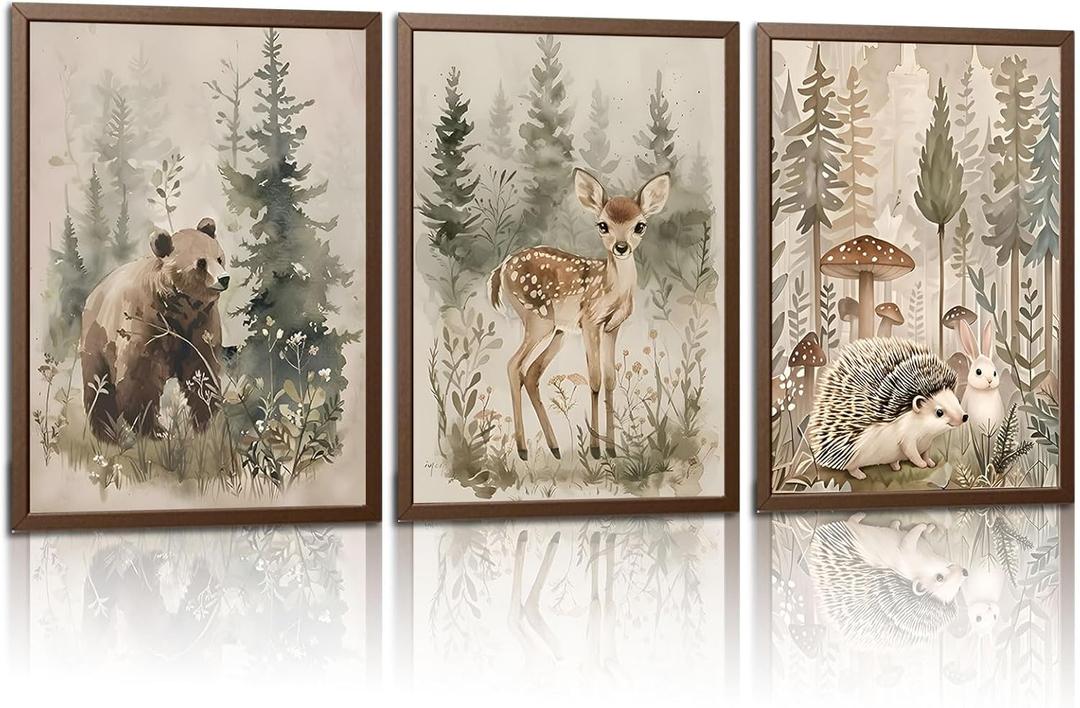 3 Pcs Woodland Nursery Wall Art Wild Animals Forest Wall Decor Pictures Adventure Theme painting Deer Bear Canvas Posters Prints for Boys Room Girls Room Home Decoration Unframed 16inx24in