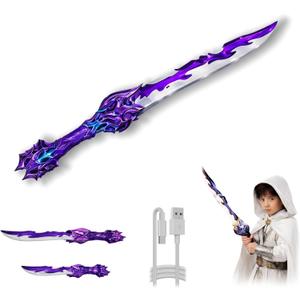 Light Up Toy Sword for Kids, Rechargeable Foldable Glow Sword with 7 Color Modes, Sound Effects, USB-C Charging, Fantasy Role Play Toy, Ages 6+