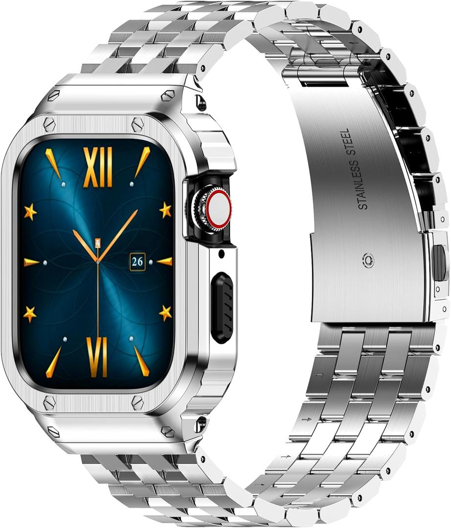 HASLFM Stainless Steel Band with Case Compatible with Apple Watch Series 9 8 7(41mm), 6 5 4 SE3/2/1(40mm), Series 3 2 1(38mm), Metal Protective Bumper Cover for iWatch Bands Men,Silver