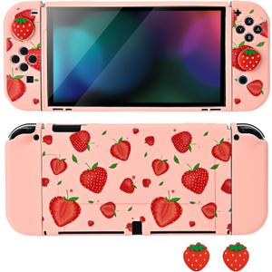 DLseego Protective Soft TPU Case for Nintendo Switch OLED, Grip Cover for Joy-Handle, Detachable Controller Shockproof & Scratch-Resistant Console Shell, 2 Thumb Grips, Strawberry, Pink 2 OLED