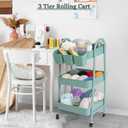 danpinera 3-Tier Rolling Cart, Utility Cart Mobile Metal Rolling Storage Cart with Lockable Wheels & Hanging Cups & Hooks for Kitchen, Bathroom, Office, Workshop, Green