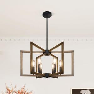 Klgxnrd 6-Light Modern Farmhouse Pendant Lights for Kitchen Island, Vintage Geometric Dining Room Lighting Hanging, Industrial Chandelier for Hallway Foyer, Retro Wood Texture and Black Finish