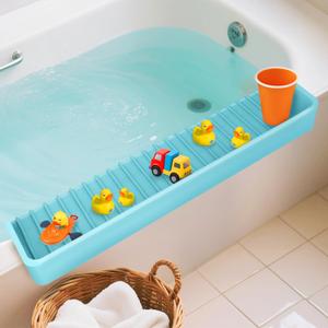 Bathtub Splash Guard for Kids  31.5 Inch Silicone Tub Ledge Shelf with Suction Cups, Keeps Bath Toys Organized & Bathroom Floors Dry, Safe Anti-Slip Water Guard for Toddlers, Blue