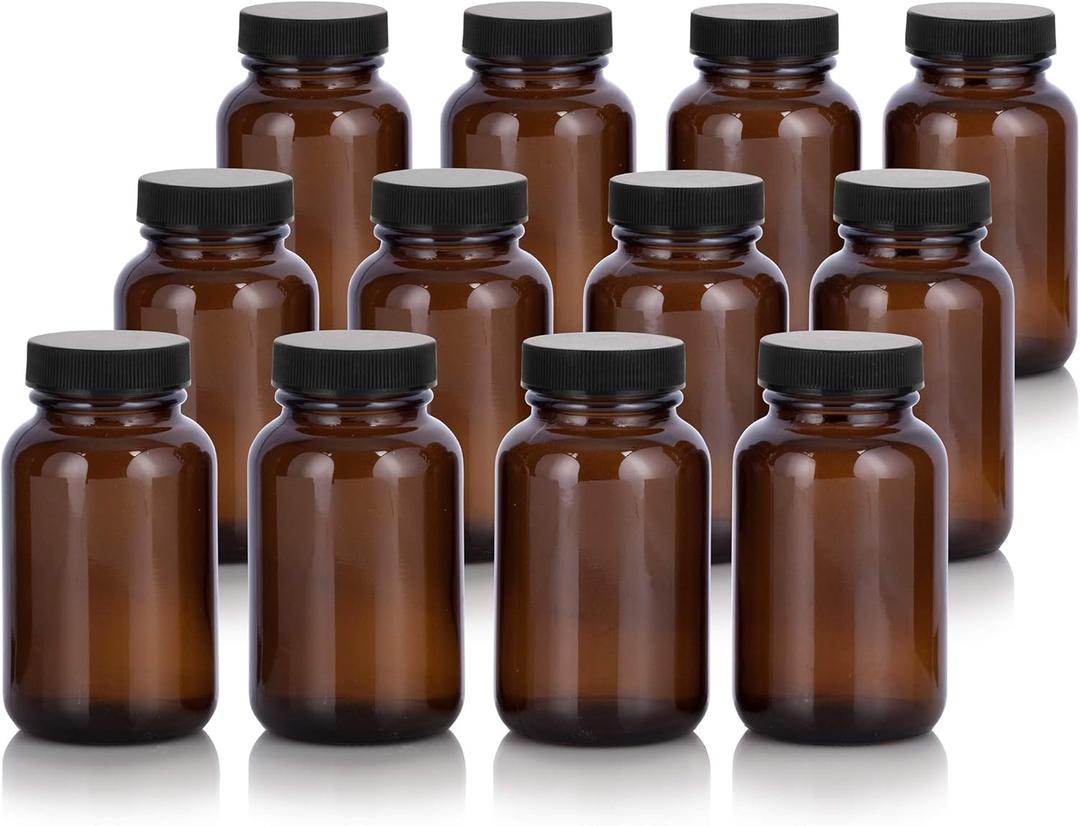 JUVITUS Amber 4 oz Glass Packer Bottle with Black Ribbed Lid (12 pack)