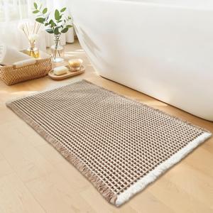 Waffle Bath Mat - Boho Bathroom Rugs Non Slip Washable, Super Absorbent & Quick Dry, Soft Bath Mat Farmhouse Bathroom Decor, 20'' x 32'', Khaki and White