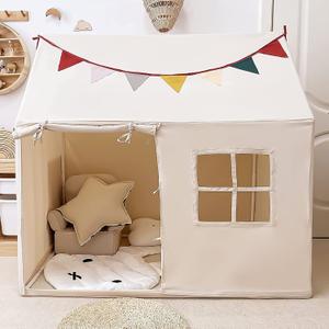 Kids Tent Indoor Playhouse, Kids Play Tent Large Kid Playhouse Toys Toddler Tent Play House with Pennant Banners, Kid Toys for Boy Girl Birthday House Gift (Natural)