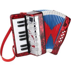 Accordion Instrument 17 keys Mini Accordian with Celluloid Body Strap for Beginners Acorden (Red)