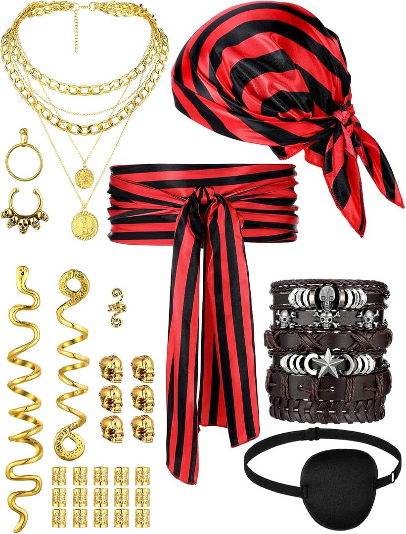 Fourluoo 31 Pieces Pirate Costume Women Rave Accessories Pirate Hat Head Scarf Sash Belt Necklace Earrings for Cosplay Party (Red)