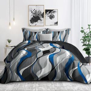 weesire Classic Line Pattern Bedding Quilt Queen Size Modern Grey Blue and White Stripe Quilt with 2 Shams, Gray and Blue Comforter Sets Lightweight Breathable Bedspreads Coverlet, 90''x96''