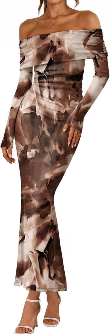LILLUSORY Off The Shoulder Bodycon Floral Dress 2026 Fall Long Sleeve Maxi Wedding Guest Cocktail Going Out Club Dresses, Small