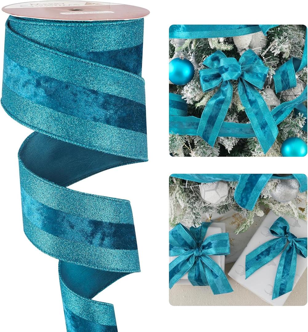 HUIHUANG Turquoise Velvet Wired Ribbon with Glitter Stripe Edges 2.5 inch Truquoise Blue Christmas Ribbon for Trees, Bows Making, Wreath Supplies, Gift Wrapping, Garland, Home Decor, Crafts -10 Yards