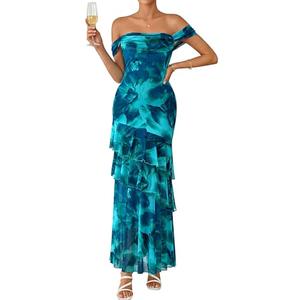 PRETTYGARDEN Women's Formal Cocktail Maxi Dresses 2026 Summer Off Shoulder Floral Mesh Bodycon Spring Wedding Guest Dress (Floral Blue Green,Medium)
