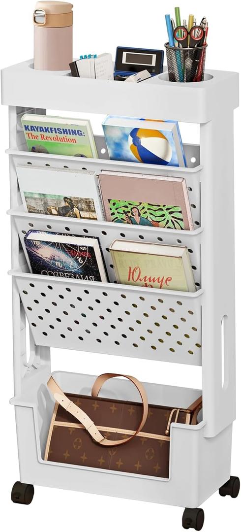 BYFU 5-Tier Movable Bookshelf Cart, Rolling File Paper Storage Organizer Mobile Bookcase with Wheels for Home Office Study Classroom, White