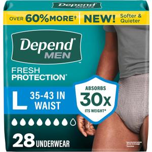 Depend Fresh Protection Adult Diapers, Incontinence Underwear for Men, Disposable, Maximum, Large, Grey, 28 Count