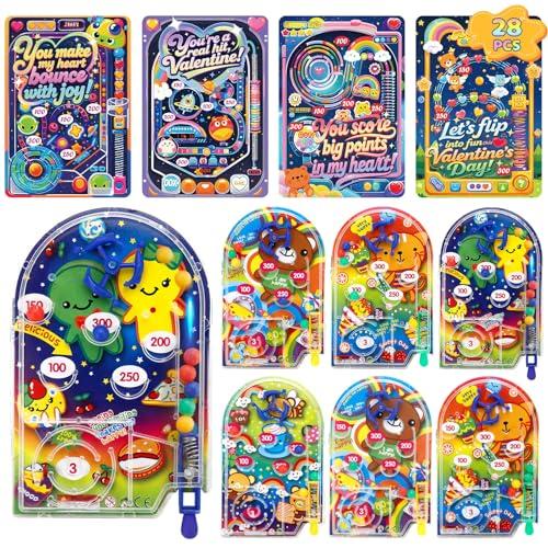 AUUGUU 28 Valentines Day Cards with Handheld Pinball Game – Classroom Exchange Arcade Toy Set for Kids, Fun Interactive Mini Pinball Toys with Pun Cards, School Party Favor