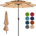 HOMSHADE 9FT 3-Tier Solar Patio Umbrella Heavy Duty, Vented Market Table Umbrella Windproof with 32 LED Lights, UPF50+, 5-Year Fade Resistant, 8 Thicker Ribs for Pool, Lawn, Garden, Deck (Beige,No Base)