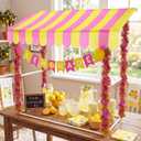 7 Pcs Lemonade Stand Supplies Lemonade Bar Party Decoration with 1 Set Plastic Stand 1 Yellow and Pink Striped Sunshade Cloth 4 Yellow and Pink Tinsel 1 Banner for Outdoors Summer Party Supplies