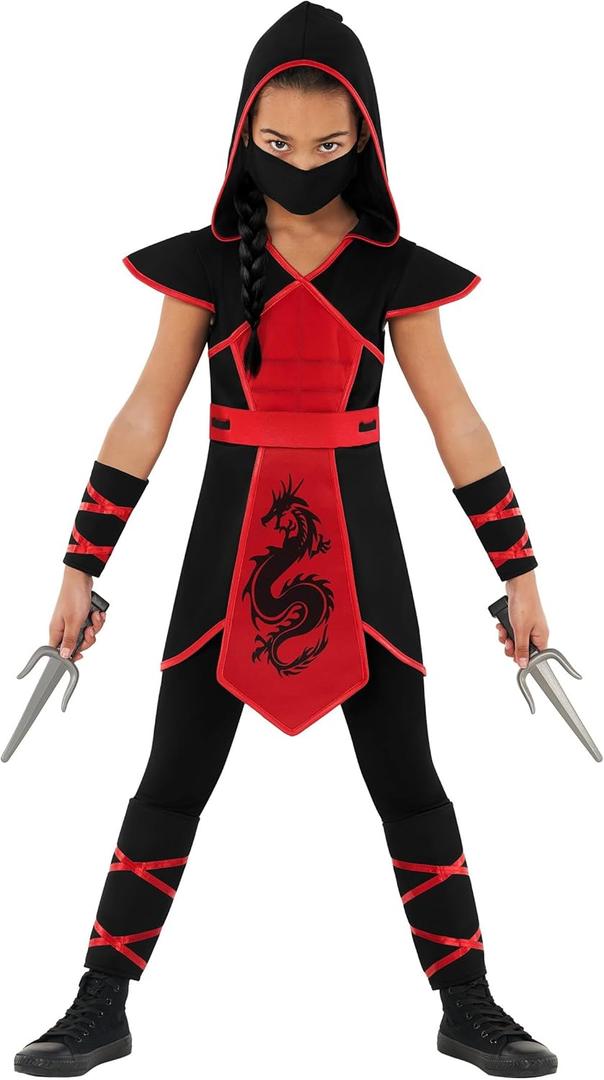 Morph Ninja Costume for Girls - Red Ninja Outfit Kids Fun Costume for Halloween and Parties (10-12 Years)
