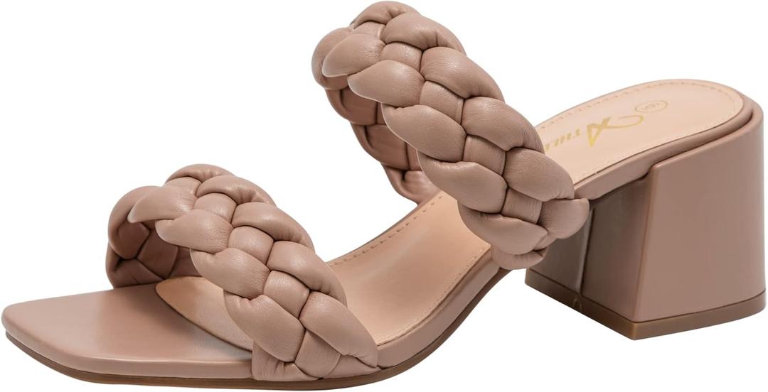 Athlefit Women's Braided Heeled Sandals Strappy Square Open Toe Heels Backless Mules Slip On Block Heels 9