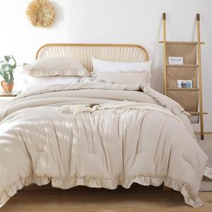 JANZAA Queen Size Comforter Beige Ruffle Comforter Set for Queen Bed 3PCS (1 Off White Comforter) Vintage Shabby Chic Bedding Soft Fluffy Bed Set for All Season (No Pillow Cases)