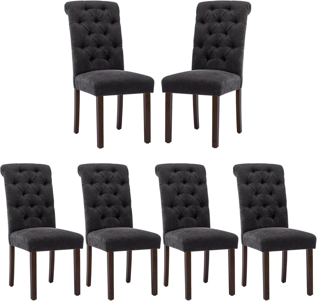 COLAMY Button Tufted Dining Chairs Set of 6, Parsons Upholstered Fabric Dining Room Chairs Kitchen Chairs with Wood Legs and Padded Seat, Black