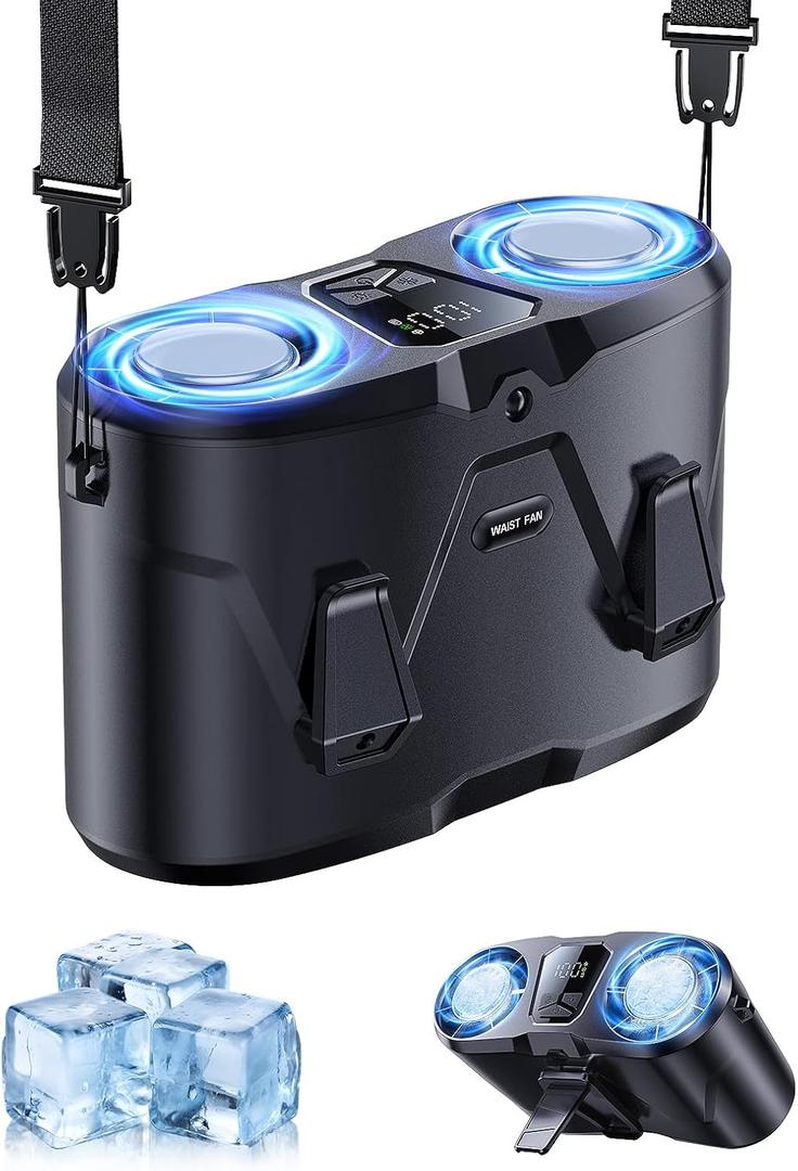 KIMMOO Dual-Motor Rechargeable Waist Fan with Ice Cooling, 25000 RPM High-Speed Neck Belt Clip-on Fan with 10 Gears, LED Display & Flashlight, Hands-Free Personal Fan for Work Outdoor Travel, Black, Small
