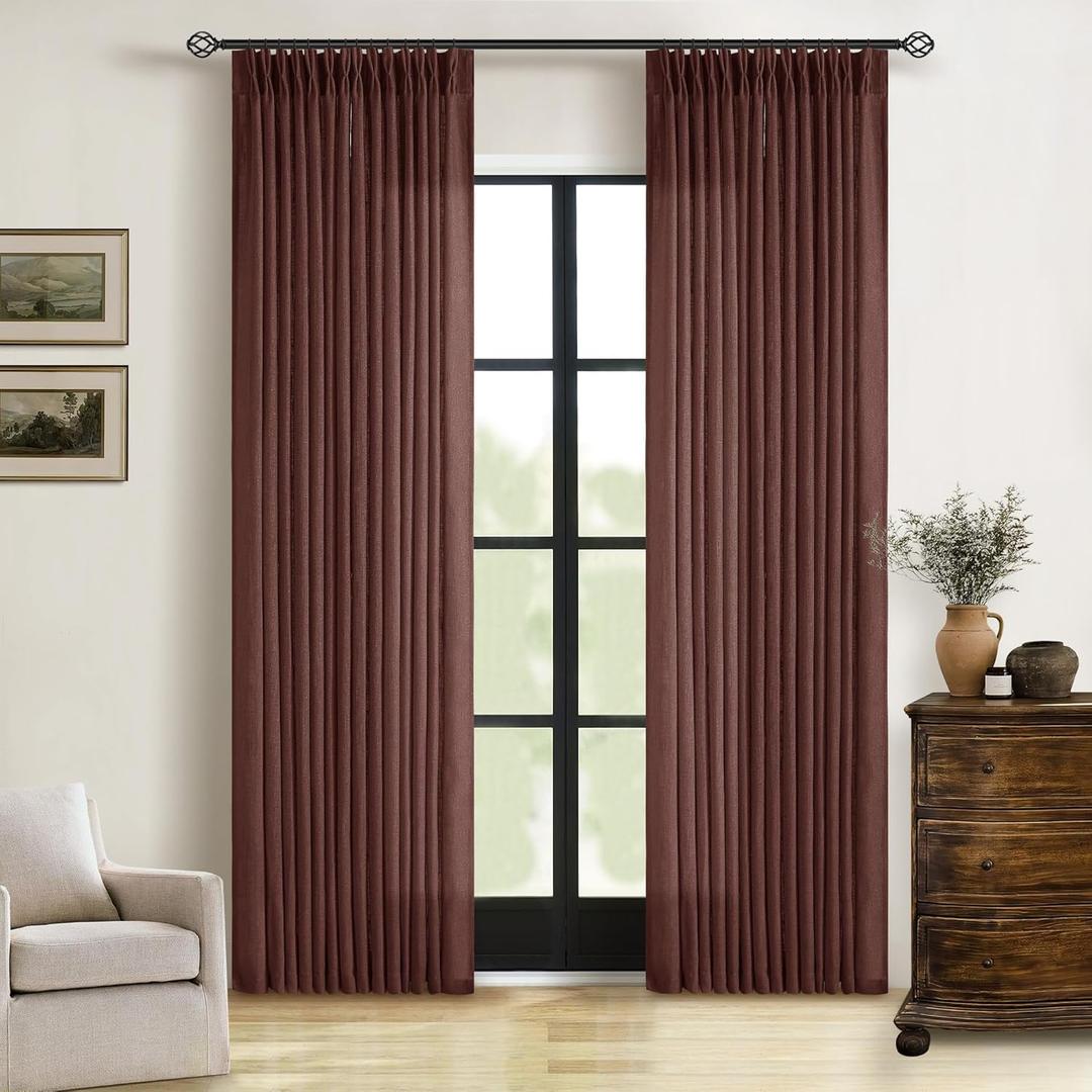 Chestnut Brown 84 Inch Pinch Pleated Linen Curtains 2 Panel Set for Living Room Thick Linen Textured Drapes 84 Inches Long Pinch Pleat Drapes Semi Sheer Curtain for Dining Bedroom Office Rust Maroon