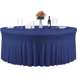 GALLETY Navy Blue Table Cloth for 5FT Round Table, Fitted Spandex 120 inch Round Tablecloth, Wrinkle Free Tables Skirt for Receptions Birthday Photography Social Events Engagement Party Decorations