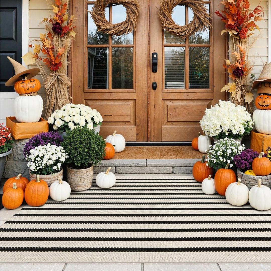 Collive Black and White Rug 3x5, Washable Fall Outdoor Rug for Porch Cotton Woven Farmhouse Indoor Outdoor Rugs,Layered Welcome Door Mat,Floor Carpet for Front Door Halloween Decor Kitchen