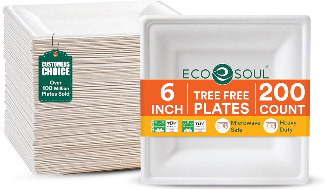 ECO SOUL Compostable Paper Plates 6 Inch, 200 Pack Small Disposable Dessert Plates, Heavy Duty, White Bagasse, Leak-Resistant, Microwave Safe, Eco-Friendly Square Appetizer Plates for Party & BBQ