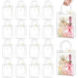 Ohuimrt 50 PCS Clear Plastic Gift Bags with Handles, Reusable Party Favor Bags with Ribbon Transparent Gift Wrap Bags Bulk for Weddings Birthdays, 9.1 x 6.7 x 2.8 Inches