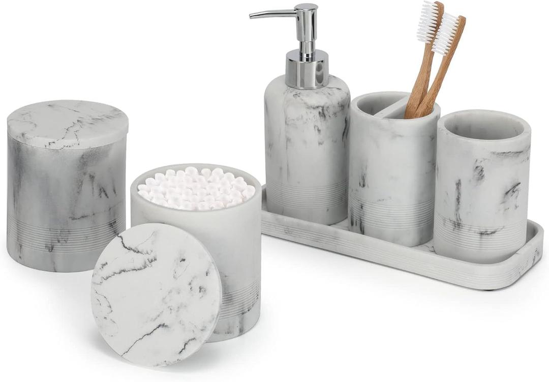 ZCCZ White Marble Bathroom Accessories Set 6 Pieces - Toothbrush Holder, Lotion Dispenser, Qtip Container, Vanity Tray, Tumbler - Countertop Organizer for Bathrooms - Elegant and Functional Dcor Set
