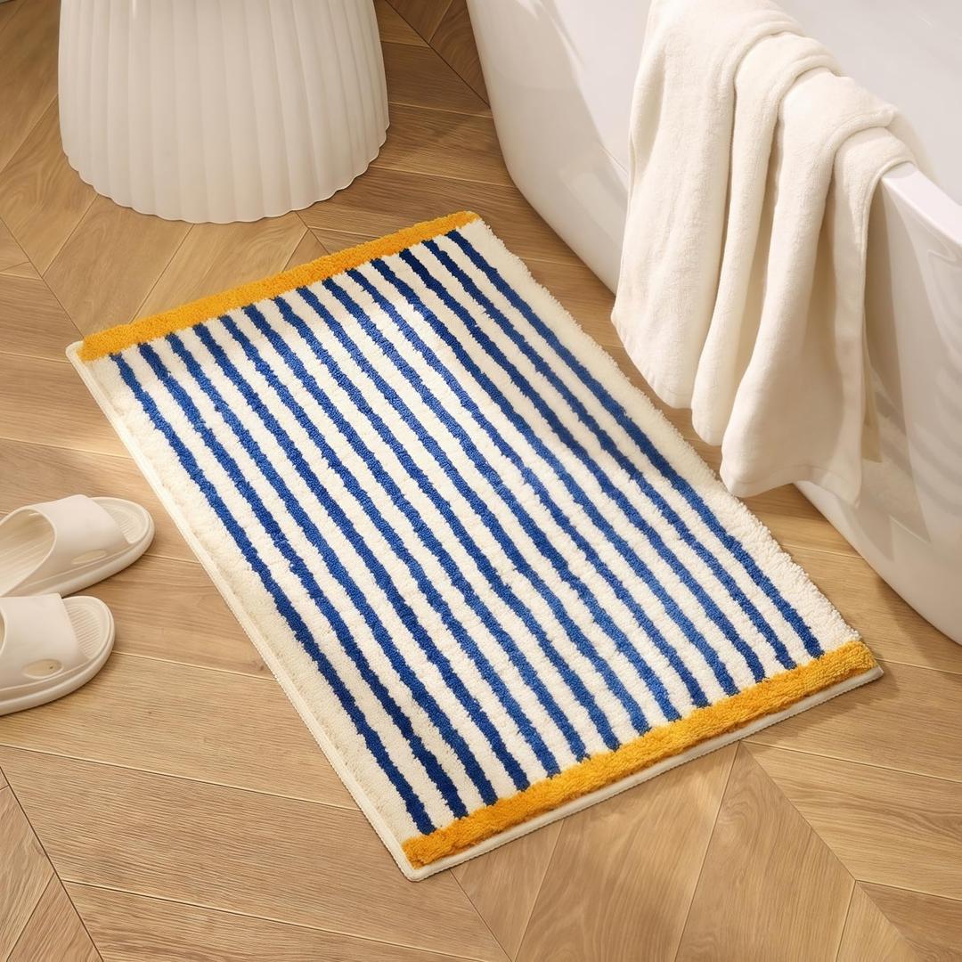 GIB Bathroom Rugs Mat 32" x 20", Extra Soft Absorbent Plush Fluffy Bath Rugs, Non-Slip Washable Bath Mats for Bathroom Floor Shower Home Decor Accessories, Blue & White Striped with Yellow Accents